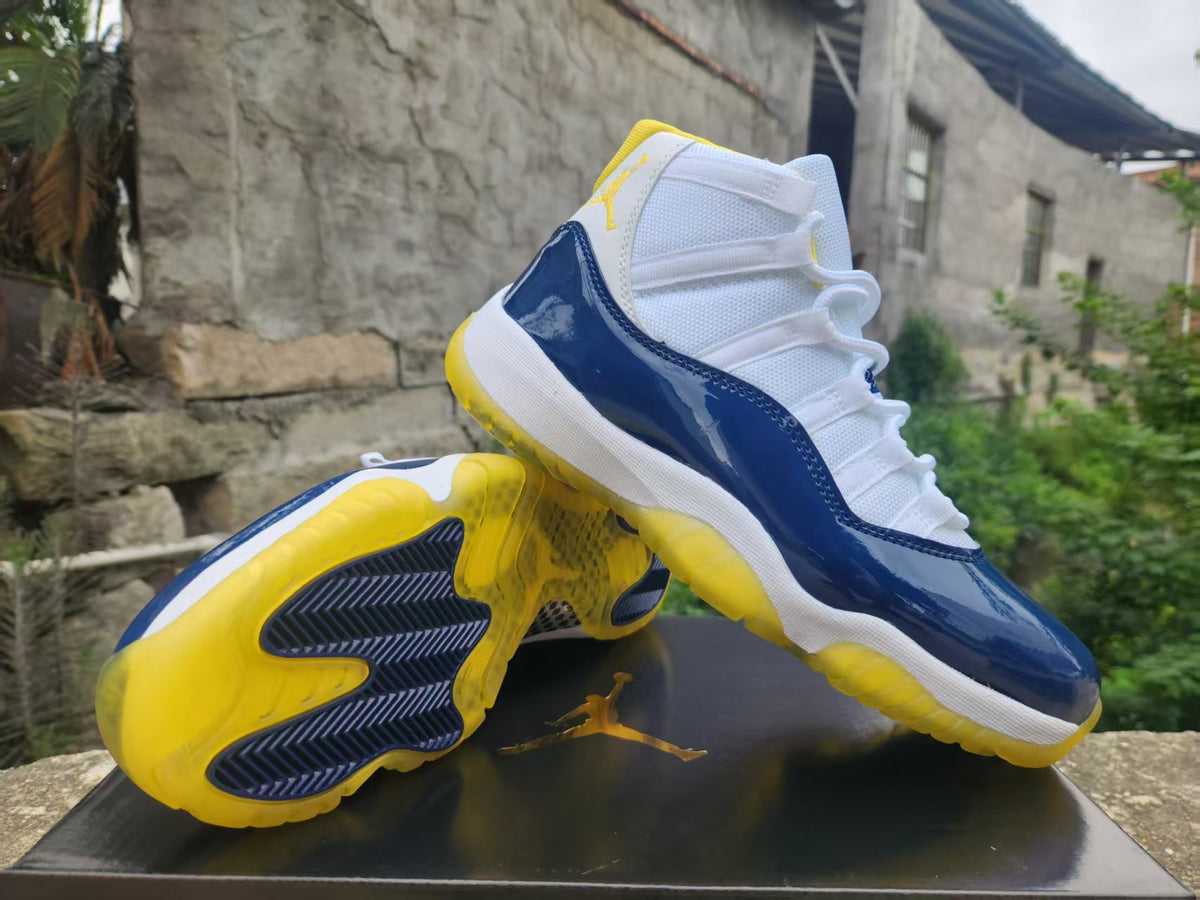 Jordan 11 White Blue and Yellow Sneakers
